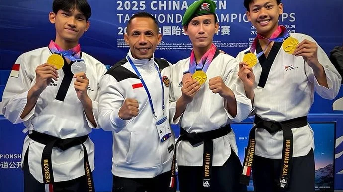 Tim Taekwondo Indonesia Raih Emas Pertama SEA Games 2025 Atlet Taekwondo Indonesia raih medali emas di Sea Games 2025 Thailand. (Instagram)
